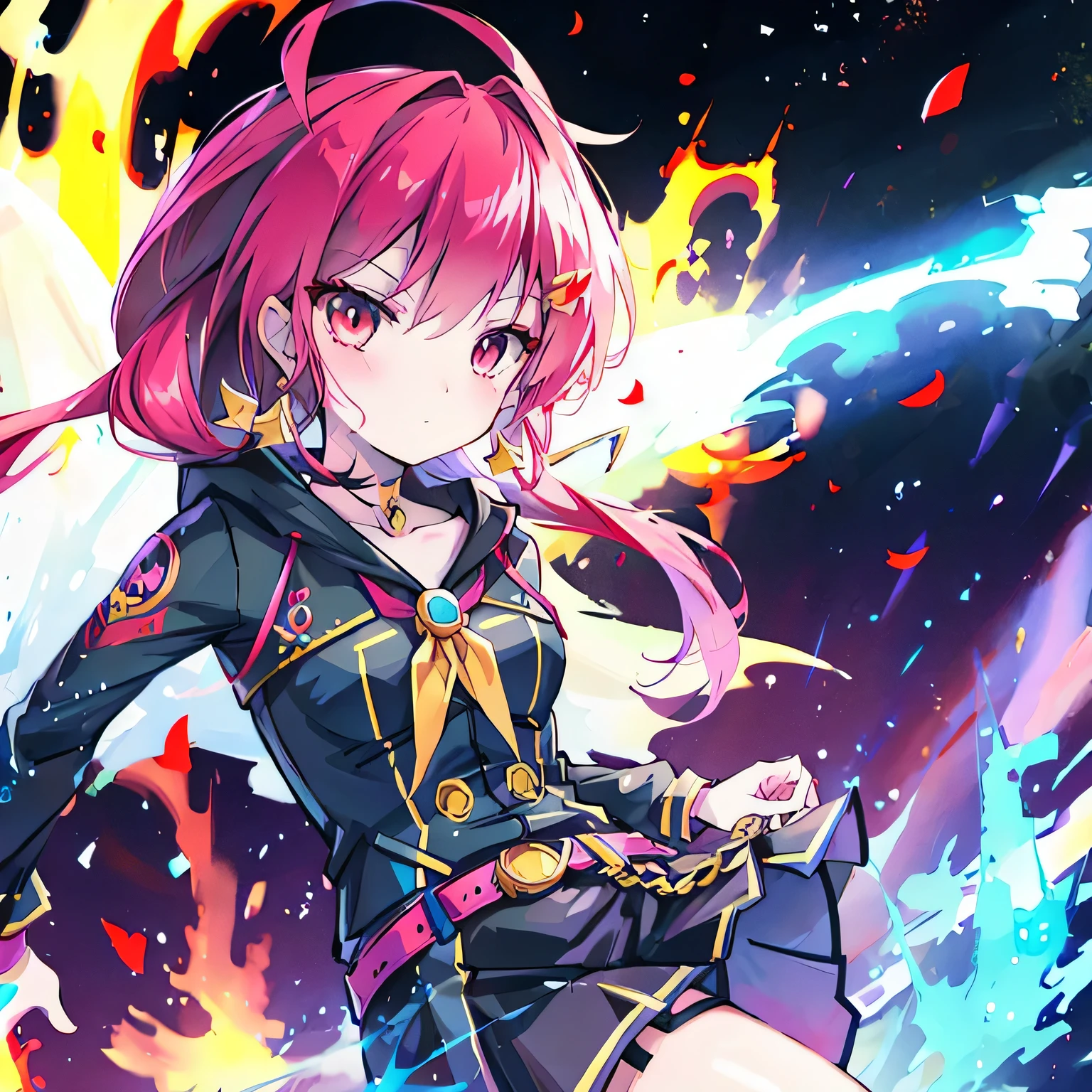 masterpiece, best quality:1.2),anime style:1.8, 1girl, solo, Ultra-detailed, best quality,High saturation, flame, gradient, colorful,magic, vivid colors , two tone hair,