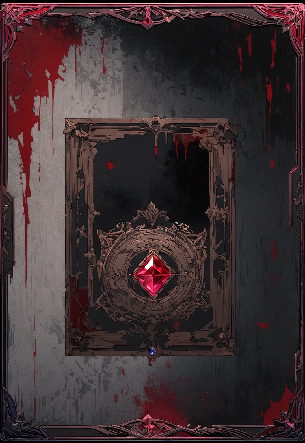 A card border UI,Modern urban minimalist style,Noble and elegant dark suspense style,Leave a square blank space in the middle,There is a ruby under the bezel,There are sapphires on the left and right corners.。Redwood frame,Parchment backing,There are blood stains on it。