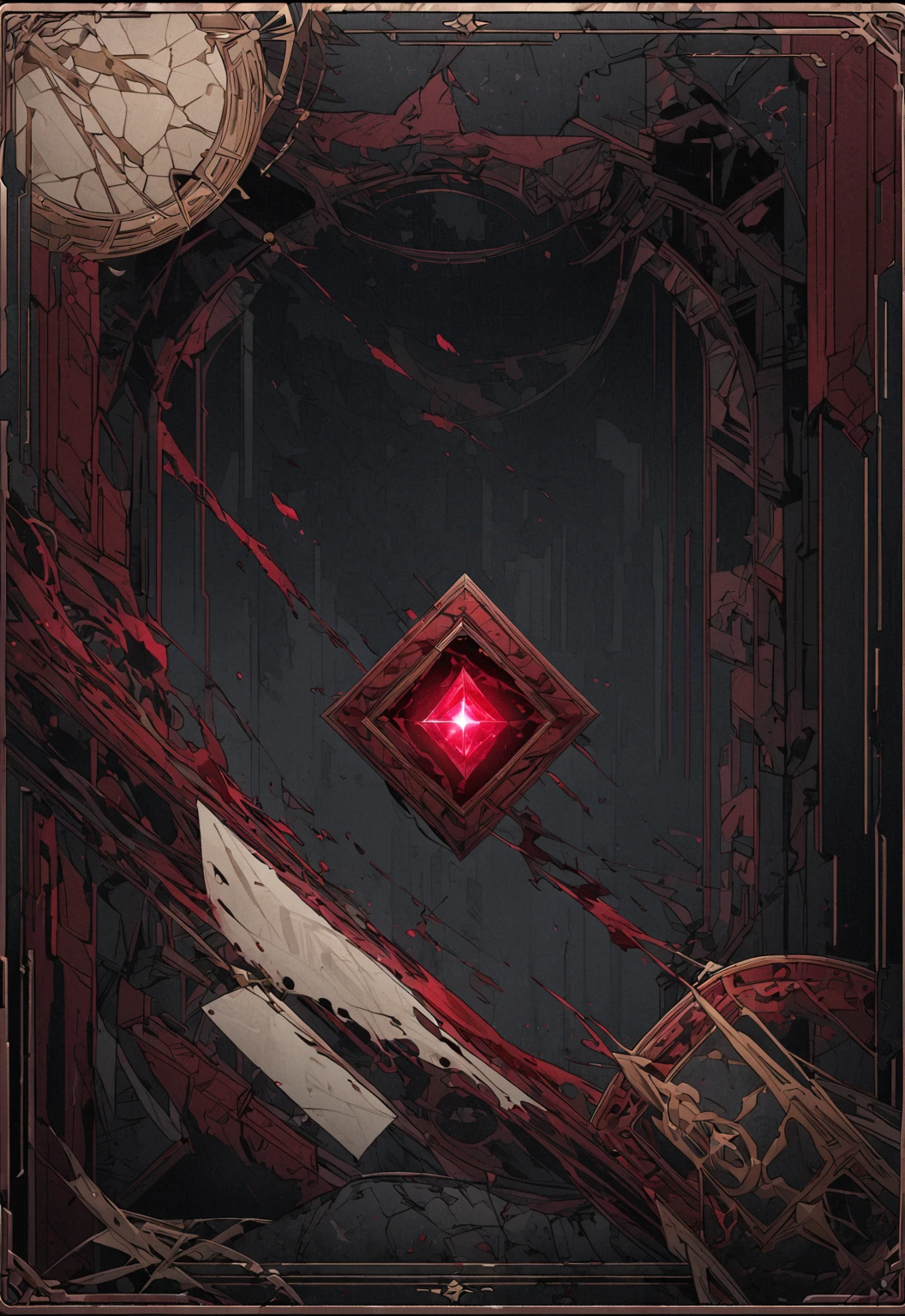 A card border UI，Modern urban minimalist style，Noble and elegant dark suspense style，Leave a square blank space in the middle，There is a ruby under the bezel，There are sapphires on the left and right corners.。Redwood frame，Parchment backing，There are blood stains on it。