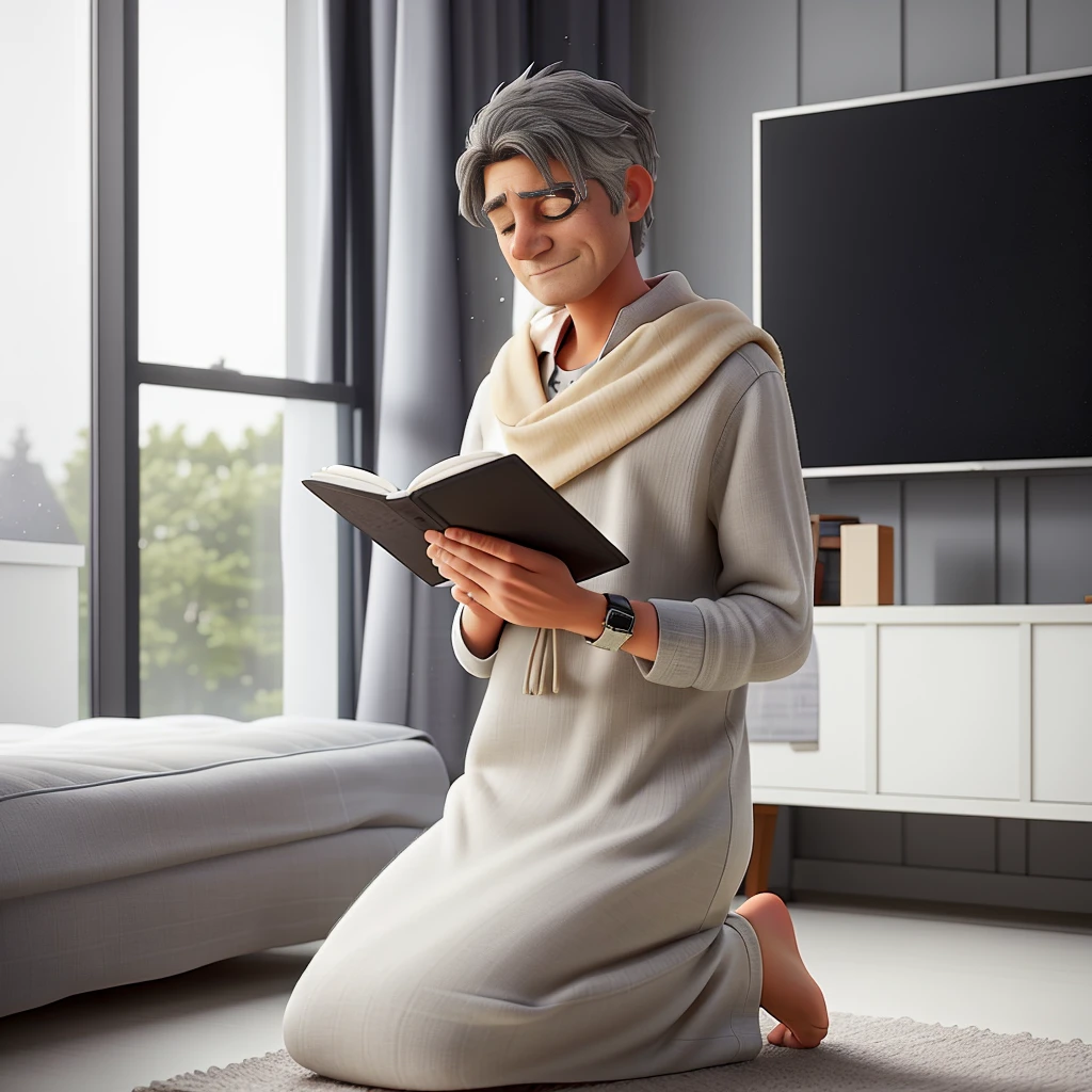 Develop a high-quality digital artwork depicting a middle-aged man, gray-haired, kneeling in her room. This person is deeply emotional, with eyes closed tears running down his face as he raises his hands in prayer. The bedroom environment should be intimate, with details that suggest an atmosphere of reflection and tranquility, like a soft light coming through the window, delicately illuminating the scene. The person's closed eyes and facial expression should convey a deep spiritual connection and a moment of vulnerability.