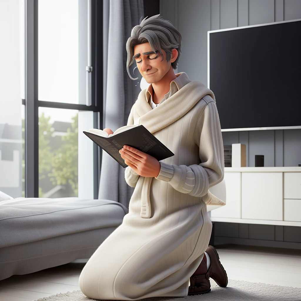 Develop a high-quality digital artwork depicting a middle-aged man, gray-haired, kneeling in her room. This person is deeply emotional, with eyes closed tears running down his face as he raises his hands in prayer. The bedroom environment should be intimate, with details that suggest an atmosphere of reflection and tranquility, like a soft light coming through the window, delicately illuminating the scene. The person's closed eyes and facial expression should convey a deep spiritual connection and a moment of vulnerability.