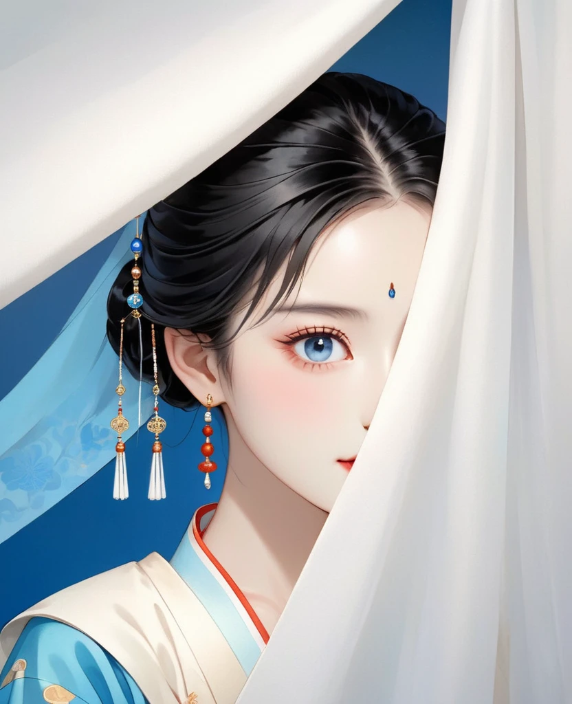 A Chinese woman with black hair, blue eyes and earrings in her ears is peeking out from behind the White cloth with half of her face visible. She wears an ancient style Hanfu and has a flat illustration style. She is depicted in the style of an ancient Chinese artist,face shot