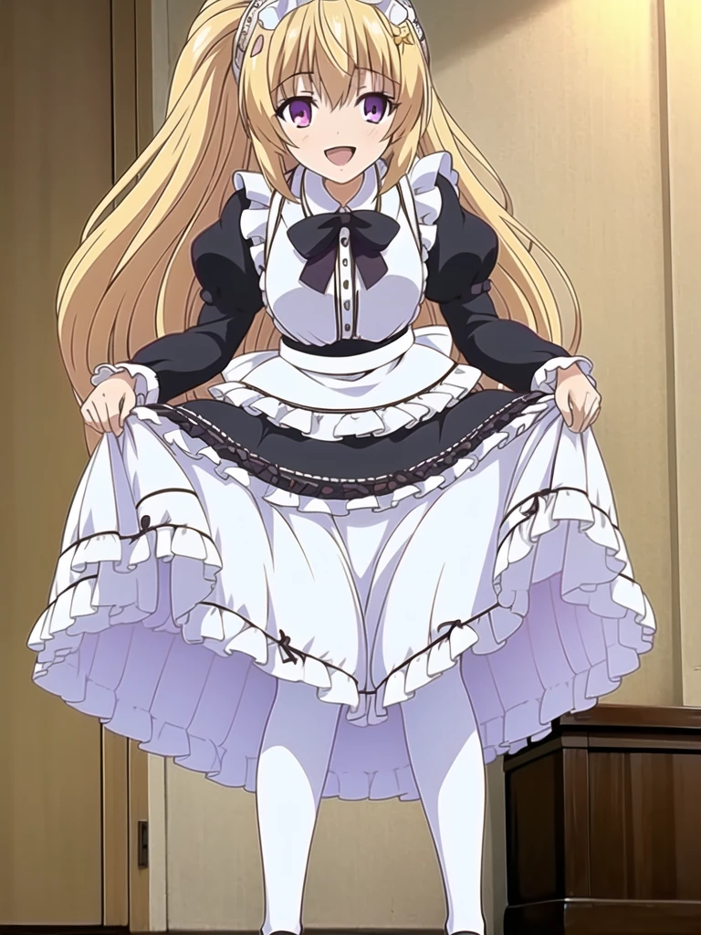 ((Best quality))), ((Ultra-detailed)), ((illustration)), ((Disheveled hair)), ((frilld)), (1 girl), (Solo),
1girl, lifted_by_self, looking_at_viewer, open_mouth, solo, rating:safe, apron, black_footwear, black_shoes, clothes_pull, clothing, :d, female, footwear, legwear, long_hair, maid, maid_apron, makaria, open-mouth_smile, puffy_sleeves, shoes, skirt, skirt_hold, skirt_lift, skirt_pull, maid_skirt, smile, standing, white_legwear,
blonde hair,purple eyes,