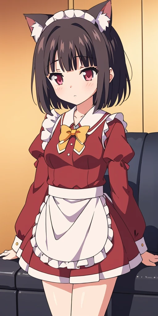 ((masterpiece, best quality, ultra detailed)), perfact face, hime cut, blunt bangs, cat ears, cute face, smile, upper body, standing, 1girl, solo, detail eyes, red eyes, (maid dress), ((amusement park))
