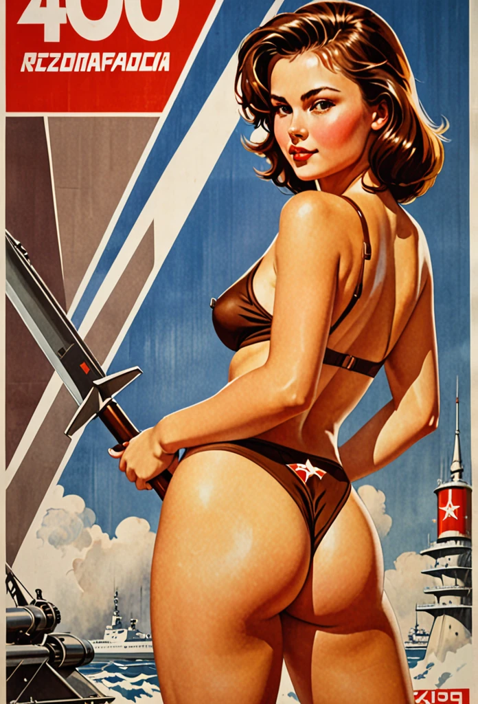 Soviet girl on propaganda poster. Showing cutting-edge 1990-s bikini. Brown hair. Firm tits and ass. Turned showing her ass.