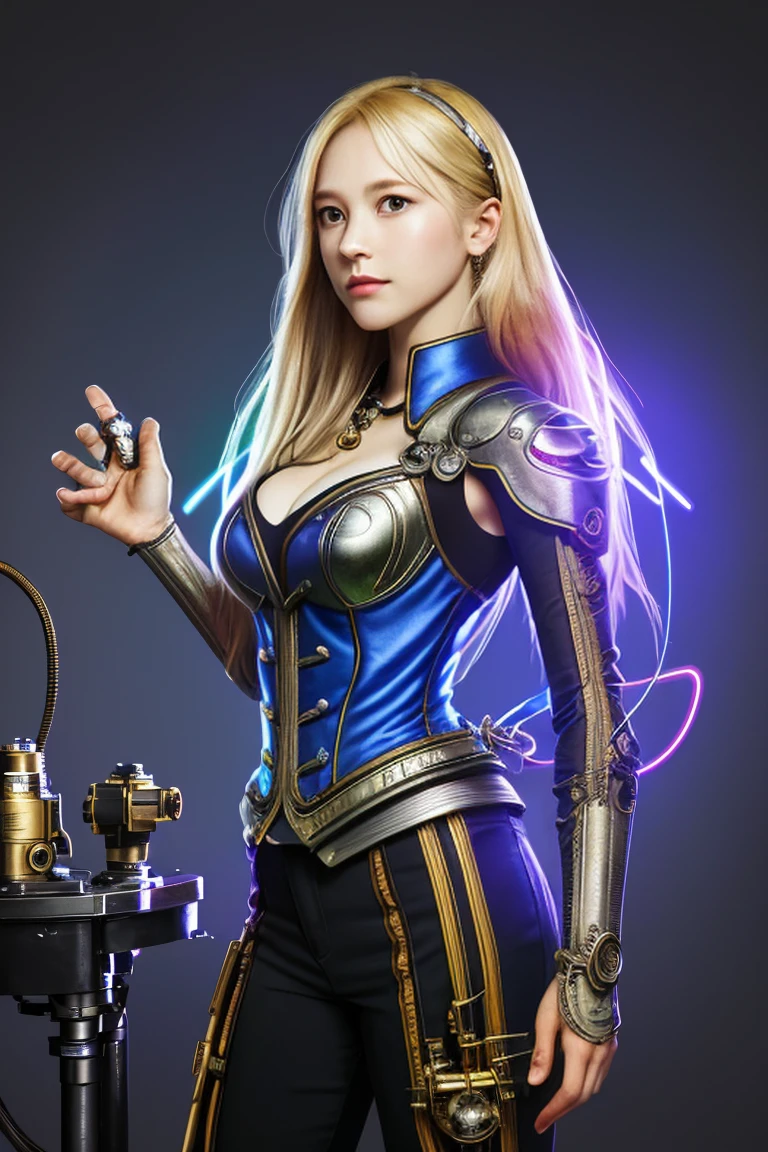 Top quality、masterpiece、Ultra-high resolution、(Photorealistic:1.4)、RAW photos、1 girl、Blonde hair、Glowing skin、(1. Angel)、闪亮Angel圈、((Ultra-realistic details))、porch、Global Illumination、shadow、Octan Rendering、8K、Super sharp、huge 、Bare skin is exposed in the cleavage、Metal、Intricate decorative details、Steampunk details、Vacuum tube、Nixie Kan、Oil pressure gauge、Glass Kalog Meter、gear wheel、gear、Hydraulic Cylinders、Extremely complex details、Realistic lighting、Purple Eyes、Radiant eyes、Facing the camera、Neon light details、Mechanical limbs、Blood vessels connected to tubular mechanical vertebrae connected to the back、Mechanical cervical fixator、Sit on it、Wires and cables to the head、Small LED lights、Sumerian details、