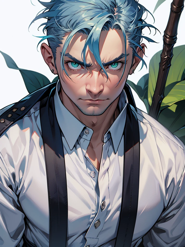 43 year old adult male、Green Eyes、Glare、Fight with a stick、Bad personality、White background、Navy Blue Hair、Old light clothing、Fantasy
