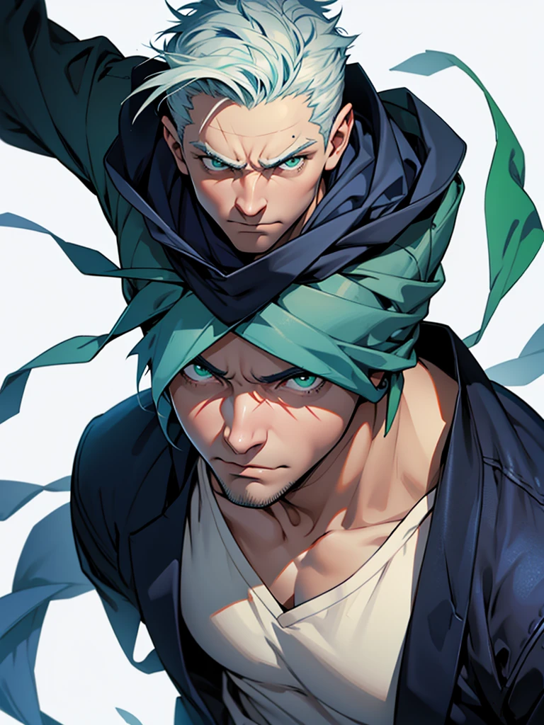 43 year old adult male、Green Eyes、Glare、Fight with a stick、Bad personality、White background、Navy Blue Hair、Old light clothing、Fantasy