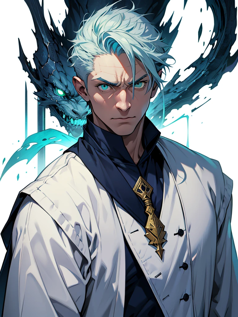 43 year old adult male、Green Eyes、Glare、Fight with a stick、Bad personality、White background、Navy Blue Hair、Old light clothing、Fantasy