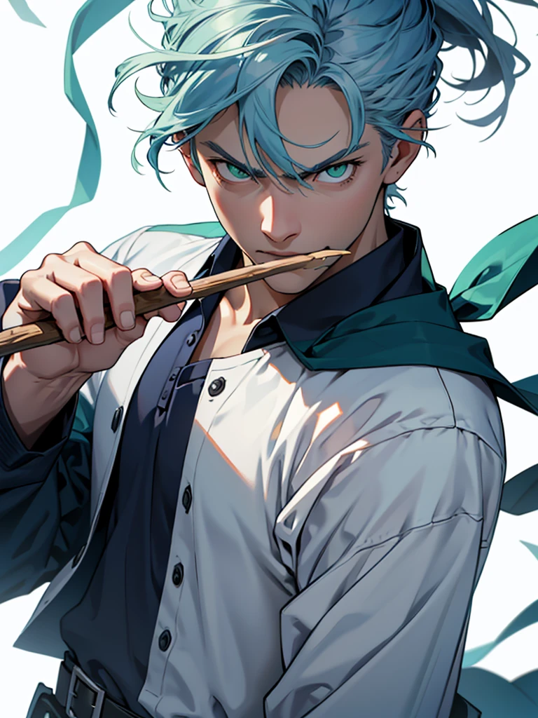 43 year old adult male、Green Eyes、Glare、Fight with a stick、Bad personality、White background、Navy Blue Hair、Old light clothing、Fantasy