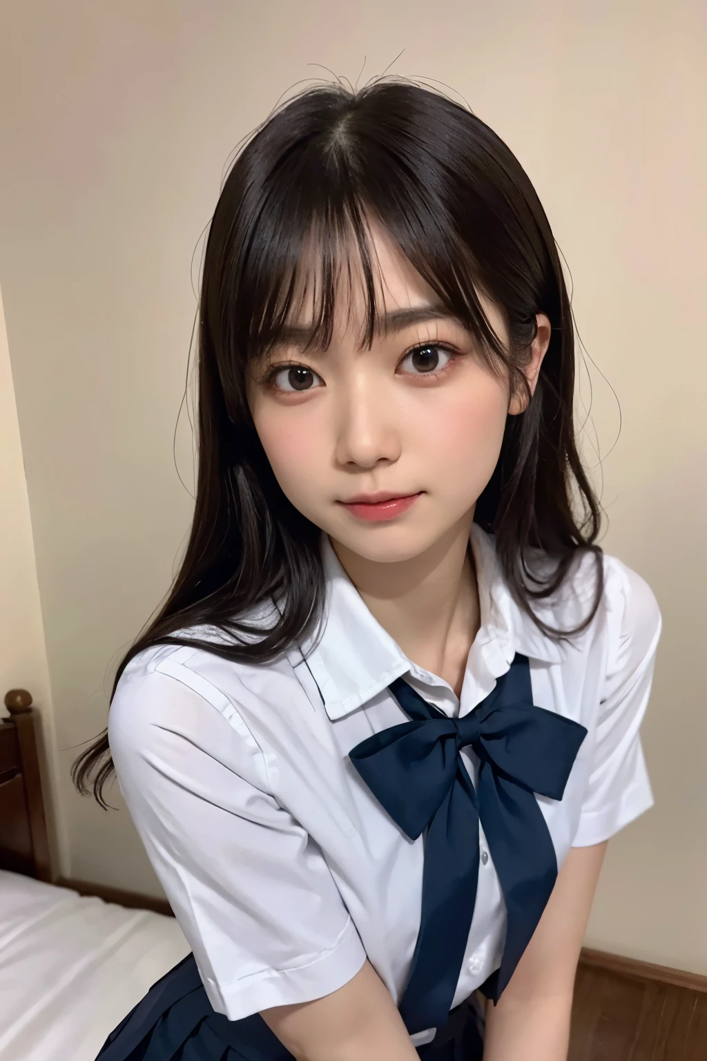 (Highest quality:1.3)、(Masterpiece:1.4)、Raw photo、8K、(Highest Resolution)、(Highest quality)、high resolution、Beautiful face in every detail、Realistic human skin、long hair、(Straight Hair)、(Beautiful woman:1.4)、(the most beautiful woman in school:1.3)、Realistic、(One Woman:1.4)、Photorealistic、With bangs、((Beautiful Hair))、(Small face)、cute、((Her eyes are big))、(High school girls)、JK Uniform、(Schoolgirl Uniform)、White shirt、Navy blue bow tie、[JK Ribbon]、Dark blue pleated skirt、(Blushing:1.3)、((She's in love))、looking at the camera、(bed)、(Bedroom)、window、((sexual excitement))、(I want to be your girlfriend)、[[[smile]]]