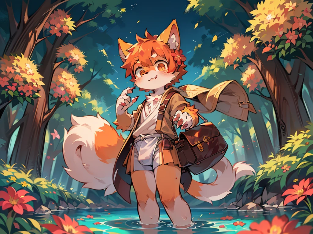 masterpiece,high quality,abstract res,number\(artwork\), From dagasi, Yes,Seizan,(Flower Charcoalo,蓬松的fur,character focus:1.1),Flower Charcoalo male cat,short hair,portrait , Bright eyes, panoramic, character focus.(Detailed background:0.7), solo, hairy, hairy male, Male focus, 时光的masterpiece,high quality,abstract res,number\(artwork\), From dagasi, Yes,Seizan,(Flower Charcoalo,蓬松的fur,character focus:1.1),Human male fox,Bright eyes, panoramic, character focus.(Detailed background:0.6), solo, hairy, hairy male, Male focus, Flower Charcoal,(全身hairy, hairy的尾巴)fur,A -year boy,e,Hip bulge,Toddler,Blood-red pupils,A tail with a white tip,The ends of the limbs are white,cute的肉垫,Claw,cute的男孩们,The ear tips are orange,Big hairy ears,hairy的大尾巴,,Full Body Love,Reasonable composition,Orange Hair,adventurer clothing,Brown cloth bag,In the woods,Extremely fine water,White loincloth,Slightly reddened,Dress coolly,淡黄short hair,金黄short hair。