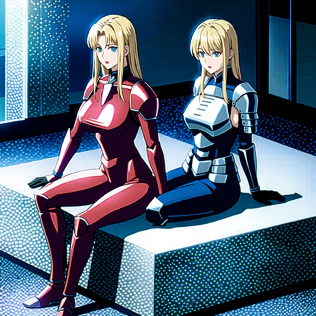 1 armored warrior, female, large breasts, medieval, blonde hair, medium hair, blue eyes, red lips, full body, sitting 