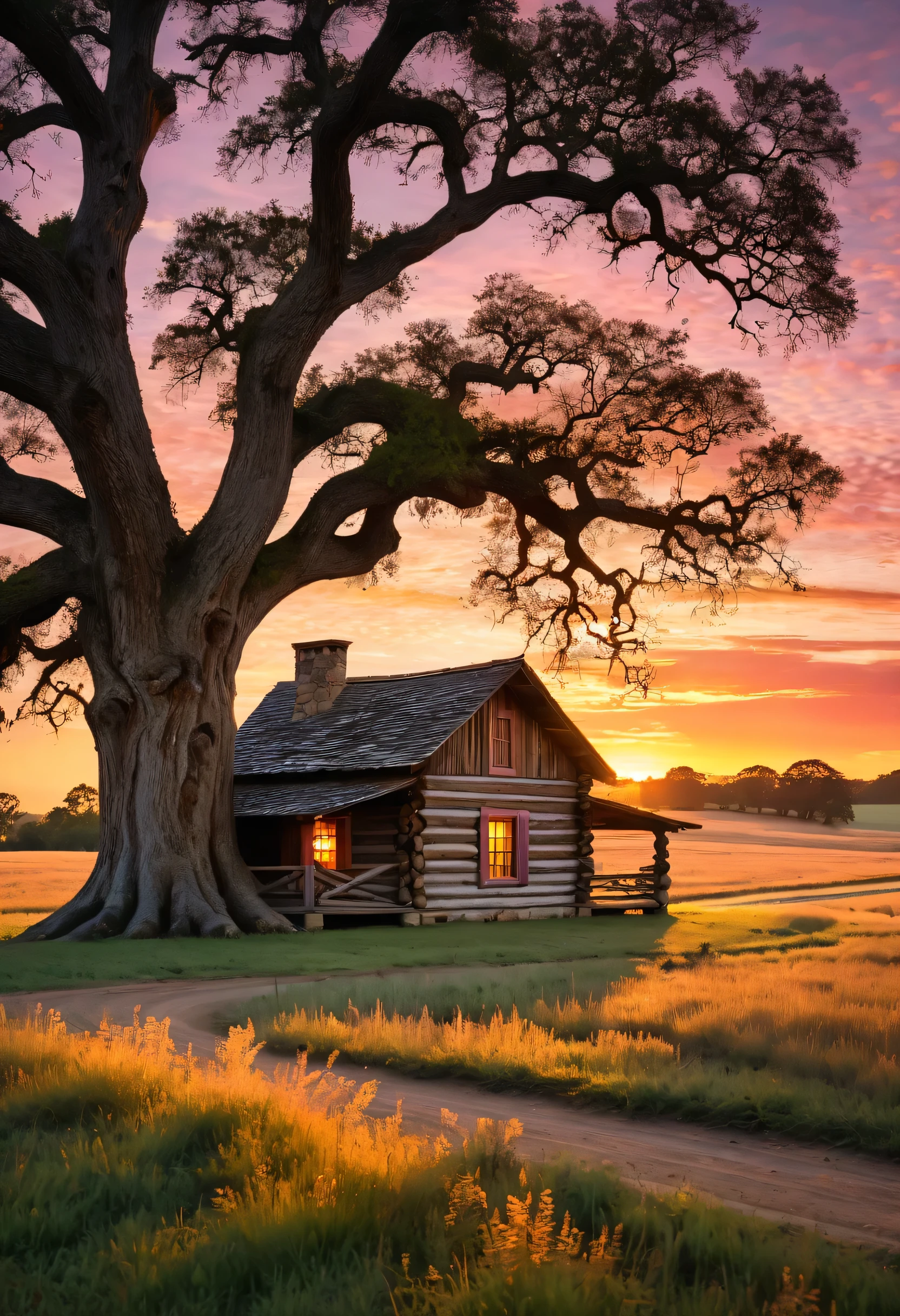 A rustic log cabin, nestled beneath a sprawling oak tree, stands silhouetted against a breathtaking sunset. The golden light bathes the scene in a warm glow, casting long shadows across the fields and winding road. The clouds above are painted with hues of pink and orange, creating a sense of peace and tranquility.