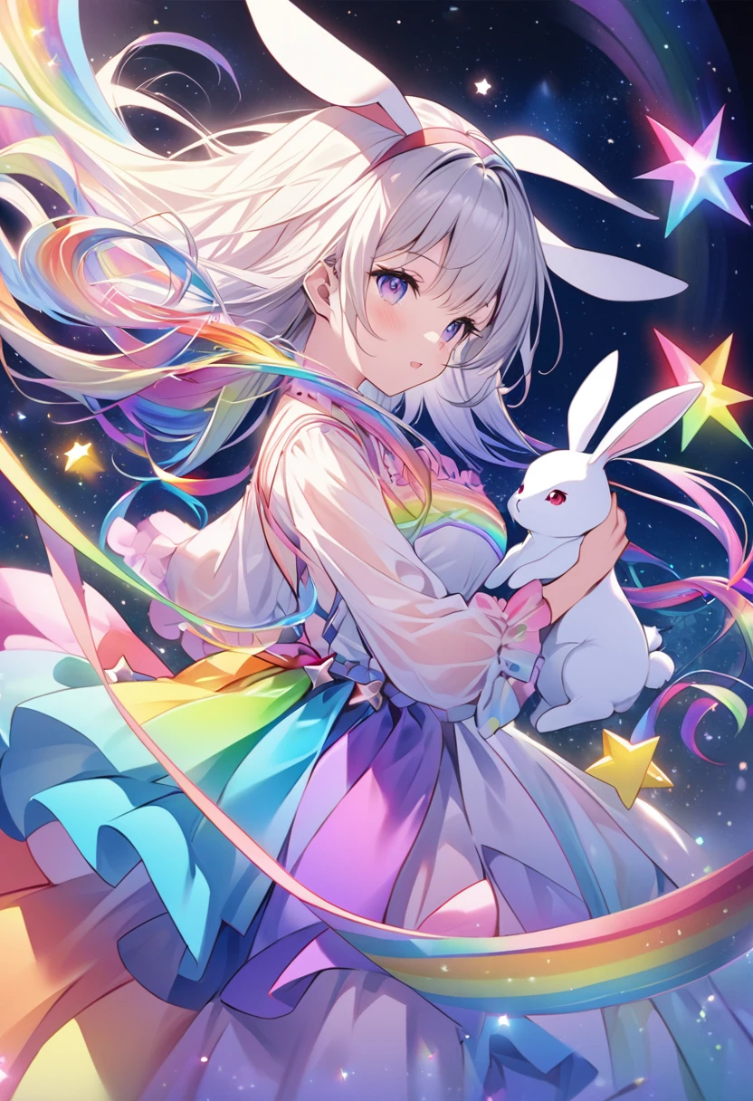 "Create an illustration of a mysterious character holding a white rabbit, She has light-colored hair with ribbons that look like rabbit ears... Letters glow, A rainbow-colored blouse that reflects a variety of colors. The background must be a celestial object, The starry sky transforms into a vibrant rainbow spectrum, Creates a mysterious and magical atmosphere."