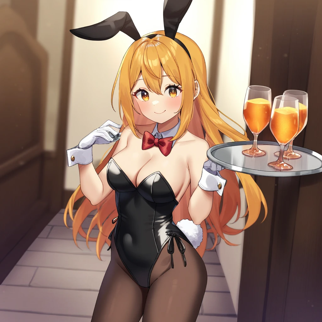 Princess connect !,((pecorine)),1girl, pantyhose, animal ears, solo, playboy bunny, rabbit ears, gloves, breasts, tray, detached collar, leotard, tail, smile, white gloves, rabbit tail, black leotard, cleavage, drinking glass, strapless leotard, strapless, medium breasts, brown pantyhose, fake animal ears, cup, wrist cuffs, looking at viewer, bare shoulders, holding, cowboy shot, highleg leotard, highleg, drink, side-tie leotard, An animated animated image of a girl with long blonde hair and brown eyes. She is wearing a black bra with a pink bow around her neck and white gloves on her hands. The girl is holding a silver plate in her right hand. The plate has a red liquid in it., red bow, red bowtie, standing, tile floor, tiles, highly detailed, masterpiece, best quality, very aesthetic, absurdres