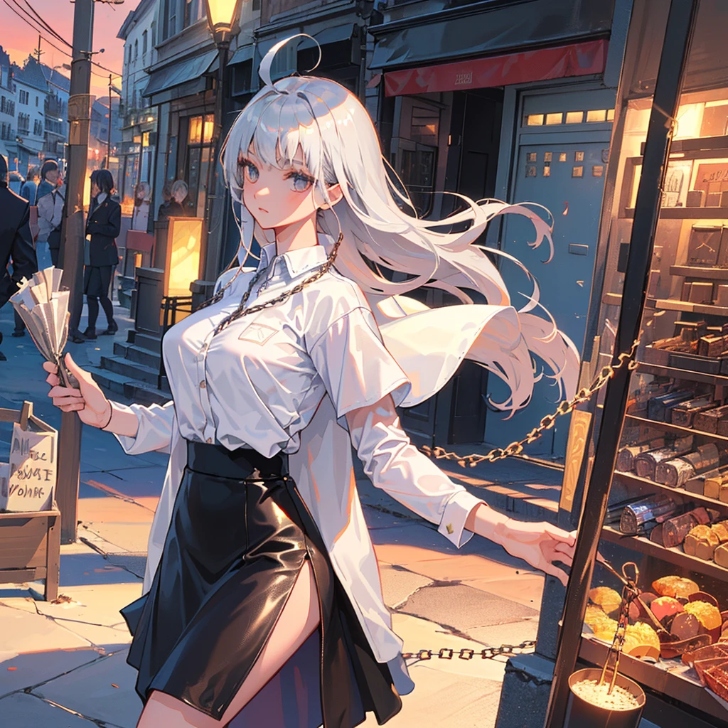 ((masterpiece, best quality)), (1girl), (solo), (female focus), (ahoge, silver gray hair, long hair, straight hair, hime hair, straight bangs, blunt bangs), girl has deep dusty_rose coloured eyes, ((leather shirt), (buttoned shirt)), ((Black skirt),(a short skirt),optimal quality, ideal Breast Girl,aged 16, Black leather with( pinky golden thread chain) and (indogo diamond)pattern skirt
Cloudy sunset street background
Street has historical 18th century Europe architecture,girl is wearing a white tracksuit,black cape skirt
