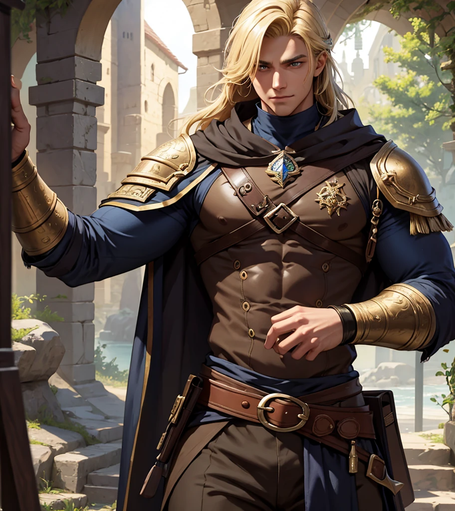 (((Single character image.))) (((1boy))) (((Luxurious hair and sexy smirk.))) (((18 years old.))) (((18yo.))) (((Dressed in medieval fantasy attire.))) (((Looks like a younger version of Lazar Angelov.))) Cute guy. Hot guy.  (((Looks like Adonis.))) (((Dressed in medieval fantasy attire.))) (((Intense, sexy stare.))) (((Beautiful shoulder length blond hair.))) Gorgeous male character with a body that women lust for.  (((Lusty smirk.))) Looks like a fun-loving and heroic male adventurer for Dungeons & Dragons. Looks like a very attractive male adventurer for a high fantasy setting. Looks like a hot boyfriend. Looks like a handsome and rugged male adventurer for Dungeons & Dragons. Looks like a handsome male for a medieval fantasy setting. Looks like a Dungeons & Dragons adventurer, very cool and masculine hair style, black clothing, handsome, charming smile, adventurer, athletic build, excellent physique, confident, gorgeous face, gorgeous body,  detailed and intricate, fantasy setting,fantasy art, dungeons & dragons, fantasy adventurer, fantasy NPC, attractive male in his mid 20's, ultra detailed, epic masterpiece, ultra detailed, intricate details, digital art, unreal engine, 8k, ultra HD, centered image award winning, fantasy art concept, digital art, centered image, flirting with viewer, best quality:1.0,hyperealistic:1.0,photorealistic:1.0,madly detailed CG unity 8k wallpaper:1.0,masterpiece:1.3,madly detailed photo:1.2, hyper-realistic lifelike texture:1.4, picture-perfect:1.0,8k, HQ,best quality:1.0,