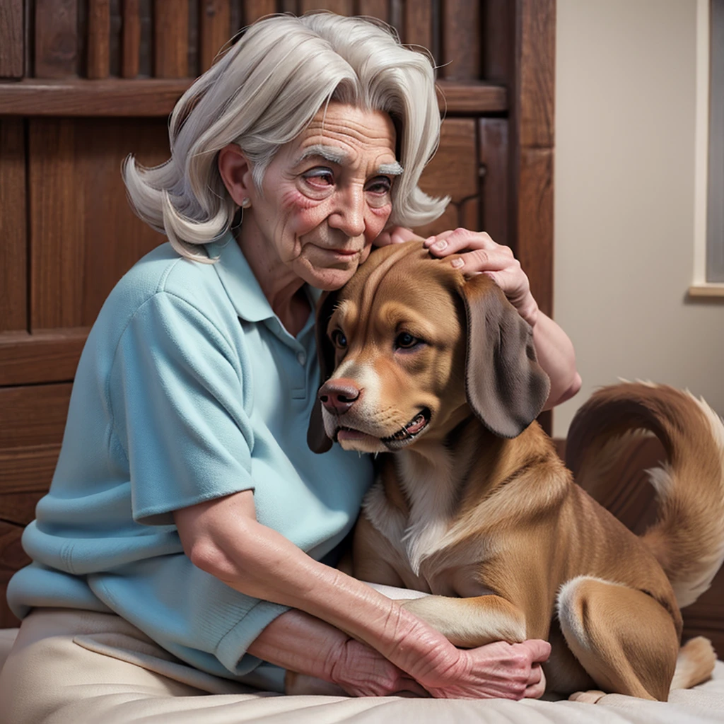 A big dog nuzzles an elderly human grandmother