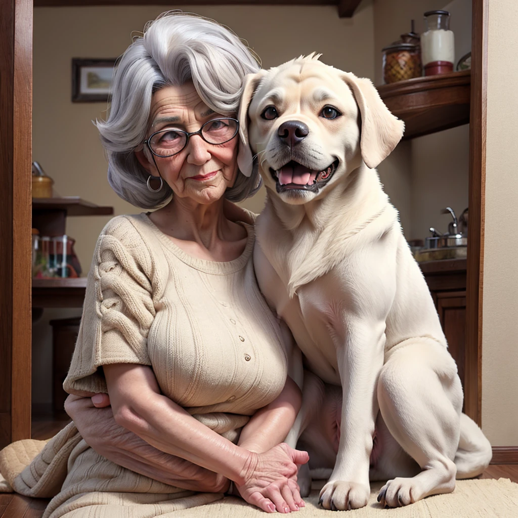 A big dog nuzzles an elderly human grandmother