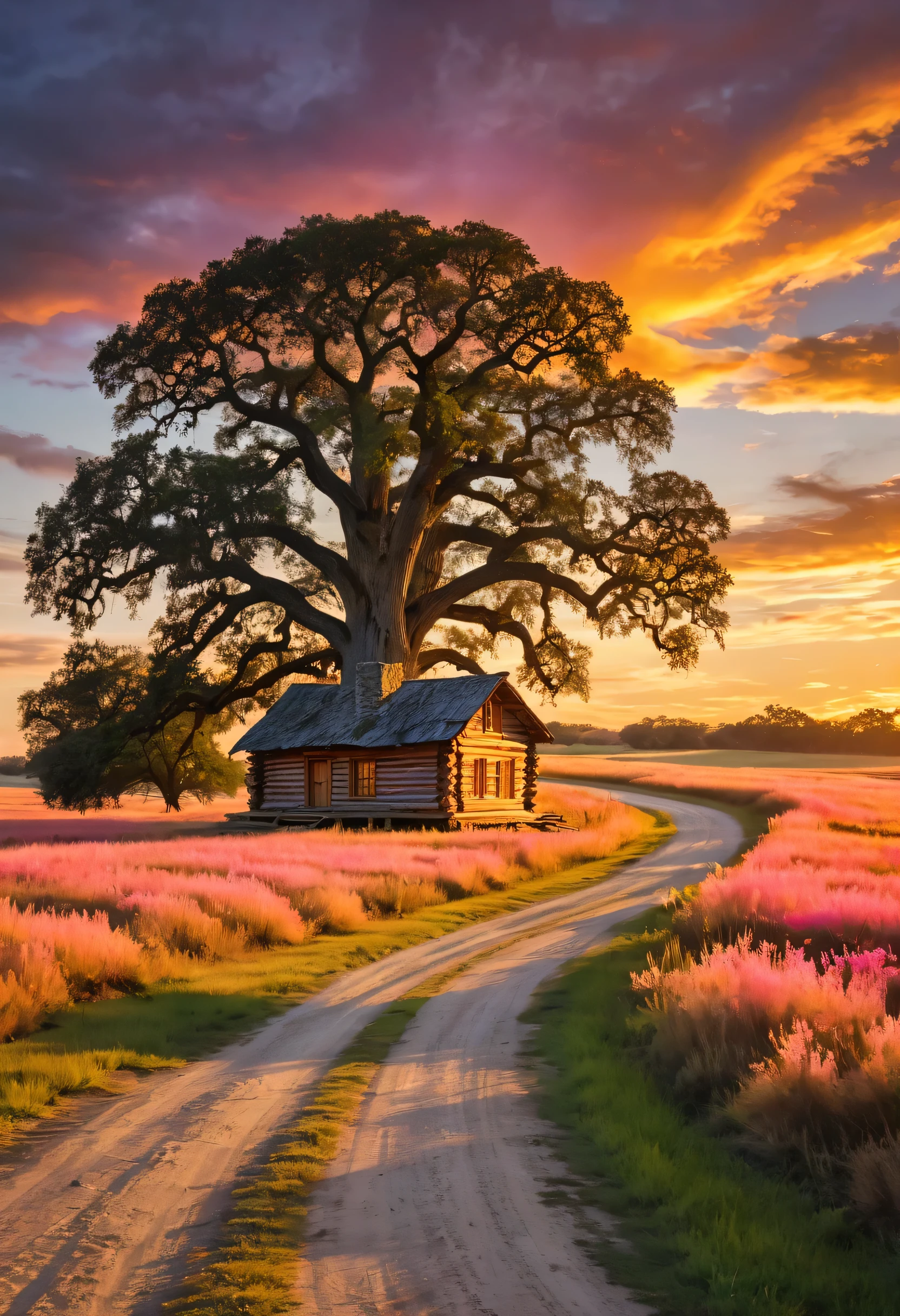 A rustic log cabin, nestled beneath a sprawling oak tree, stands silhouetted against a breathtaking sunset. The golden light bathes the scene in a warm glow, casting long shadows across the fields and winding road. The clouds above are painted with hues of pink and orange, creating a sense of peace and tranquility.