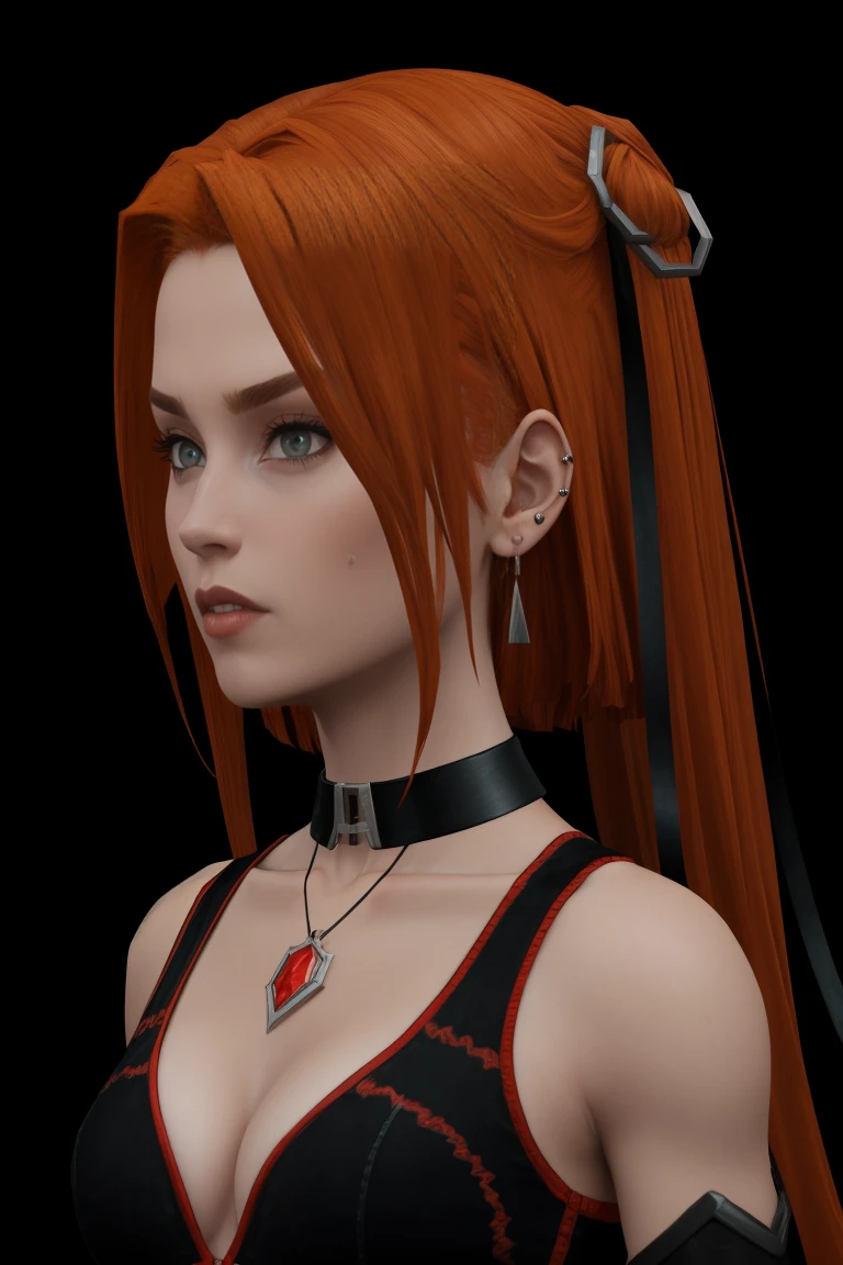 concept art, dark theme, low light, ((score_9), score_8_up, score_7_up), score_6_up, score_4_up, score_5_up, 1girl, rayneclassic, solo, choker, long hair, looking down, black choker, piercing, breasts, closed mouth, jewelry, cleavage, ear piercing, earrings, portrait, red lips, upper body, collarbone, blush, shiny, black background, bare shoulders, bangs, grey hair, hair behind ear, freckles, half-closed eyes, off shoulder, lips, shiny hair, black shirt, medium breasts, blue eyes, smile,