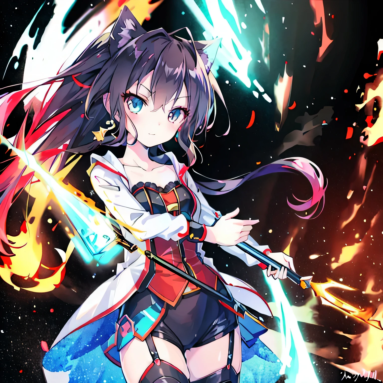 masterpiece, best quality:1.2),anime style:1.8, 1girl, solo, Ultra-detailed, best quality,High saturation, flame, gradient, colorful,magic, vivid colors , two tone hair,