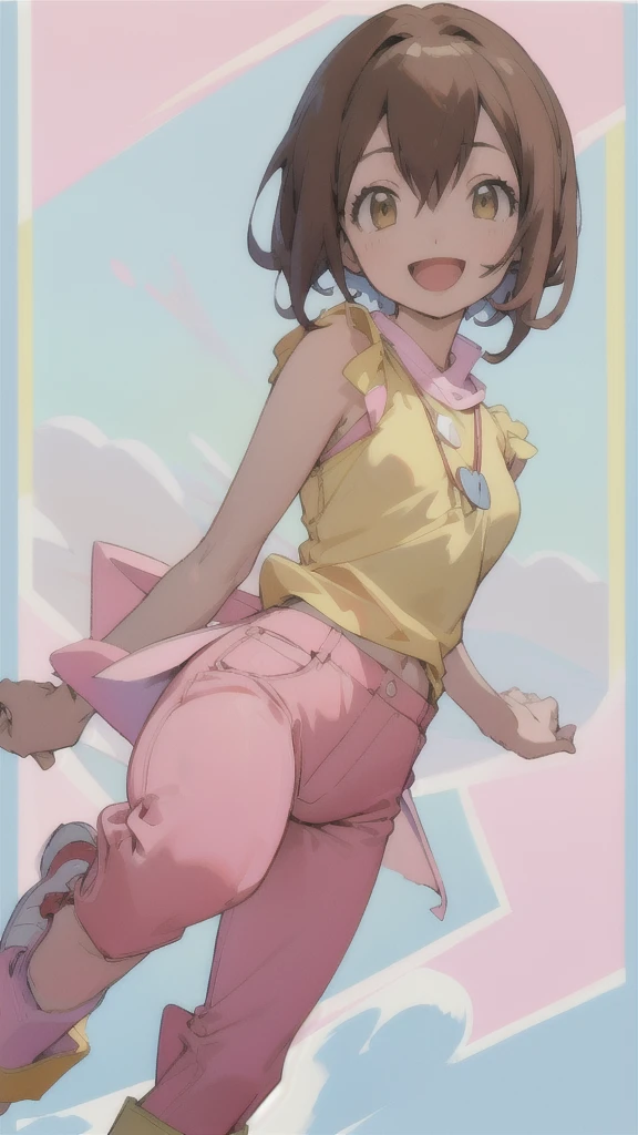 Top quality, masterpiece, high resolution, details, Top quality, masterpiece, high resolution, details, perfect anatomy, (cute girl), smiling, HikariDigi, open mouth, yellow sleveless shirt, pink pants, rubber boots, shoes, sky, solo,Background is blue sky, upper body、ergartener, 