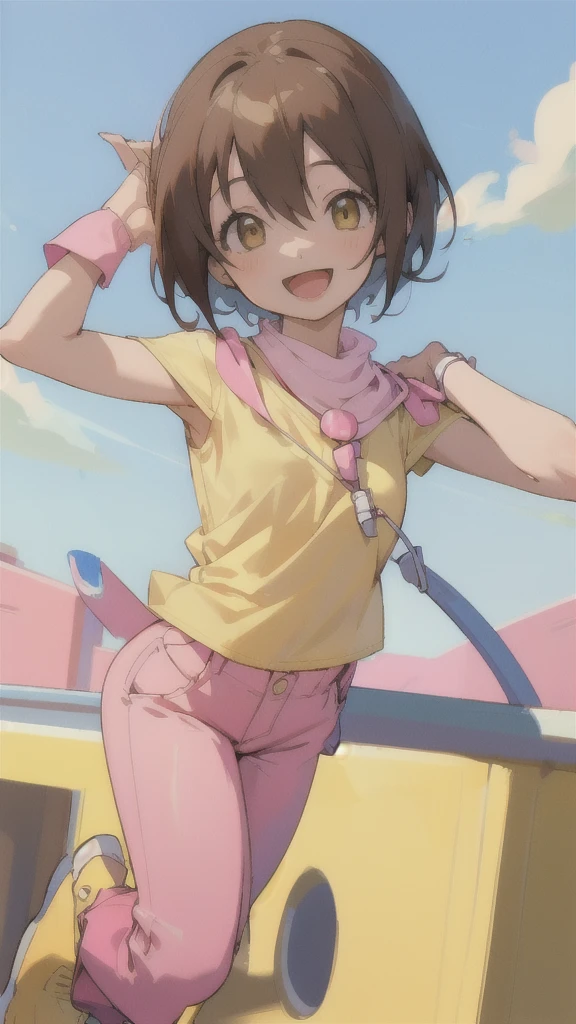 Top quality, masterpiece, high resolution, details, Top quality, masterpiece, high resolution, details, perfect anatomy, (cute girl), smiling, HikariDigi, open mouth, yellow sleveless shirt, pink pants, rubber boots, shoes, sky, solo,Background is blue sky, upper body、Kindergartener, 