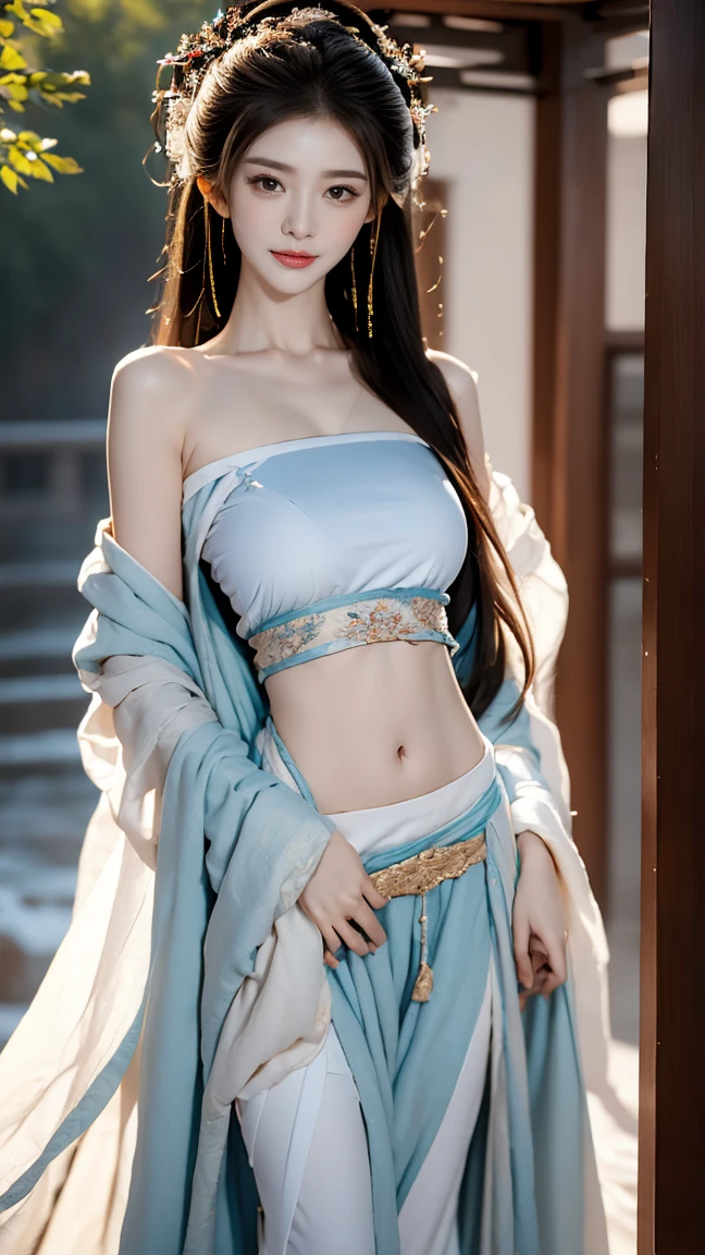 best picture quality,Very detailed,extremely high resolution,perfect body proportions,Works by top photographers。Beautiful Hanfu girl,long eyelashes,big eyes,shining eyes,lying silkworm,plump lips,small nose,a happy expression,Sweet,Exquisite makeup,full-body shot,snow White, Jade legs are thin and straight,snow white skin,White embroidered skirt,necklace,Expose long legs,lace,Sweet,long hair fluttering,best quality,masterpiece,full-body shot,facial focus,The bust is very prominent,thin waist,snow white belly,belly on,imagine,Seven part shoot model: hanfu, CFG scale: 7, Lola: future fashion(0.4)、rainbow(0.4)、martial arts(0.2)、Asian face woman-2(0.4)、poetic fairy tale(0.01)