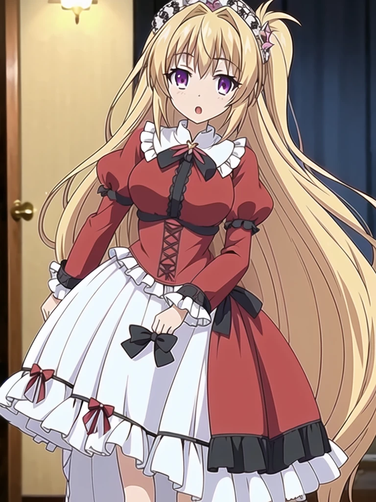 ((Best quality))), ((Ultra-detailed)), ((illustration)), ((Disheveled hair)), ((frilld)), (1 girl), (Solo),
1girl, holding, looking_at_viewer, open_mouth, solo, rating:safe, black_bow, bow, clothing, crown, dress, female, frilled_dress, frills, hair_flaps, headwear, juliet_sleeves, long_hair, long_sleeves, makaria, :o, puffy_sleeves, red_dress, scepter, standing, wide_sleeves,
blonde hair,purple eyes,