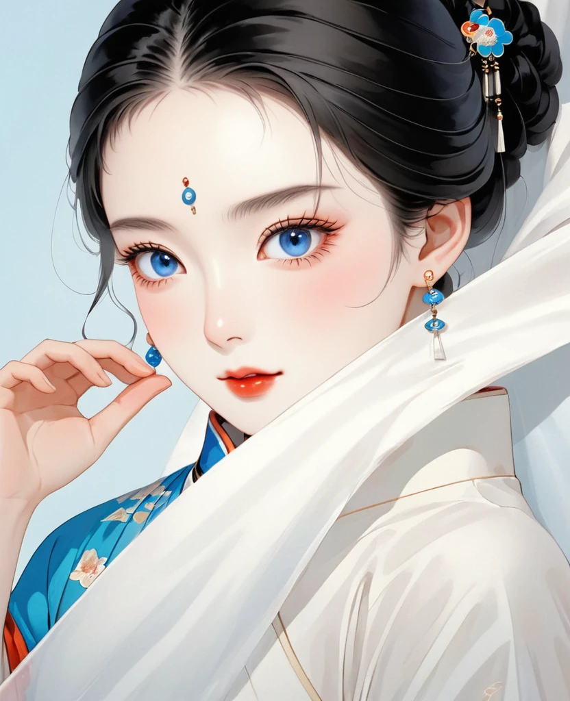 A Chinese woman with black hair, blue eyes and earrings in her ears is peeking out from behind the White cloth with half of her face visible. She wears an ancient style Hanfu and has a flat illustration style. She is depicted in the style of an ancient Chinese artist,face shot