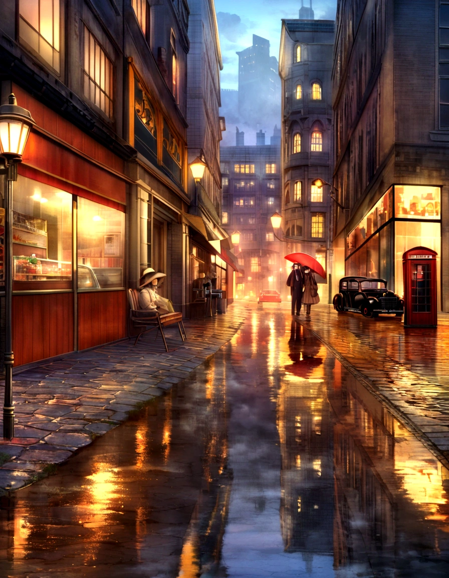 Old Cars, Busy pedestrians, Lively atmosphere, High buildings, reflection in puddle, City skyline, Urban decay, Graffiti, Cobblestone Street, Retro店面, Smoggy streets, Rainy Day, Neon, Motion Blur, Street vendors, Metro entrance, Steam coming out of the manhole cover, display, Jazz music, IconicLandmarks, art deco buildings, Retro时尚, Retro, Bustling cafe, Street Performers, heavy traffic, brick buildings, Fire exits, Old-fashioned lampposts, Retro自行车, stylish hat, newsstand, Bustling market, car, Rusty Metal, Cityscape at dusk, Shadows and Highlights, Brick Wall, Cast iron door, Old telephone booth, aged texture, typewriter, Vinyl Records, Wooden bench, Street Lights, Fashion boutiques, nostalgic vibes