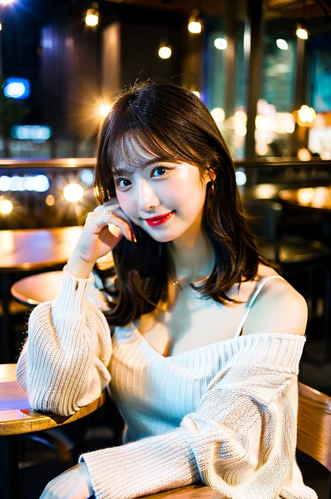 ((Highest quality, 8K, masterpiece: 1.3)),RAW Photos,Realistic atmosphere,Lens flare, Ray Tracing,(Detailed beautiful white skin:1.3),Beautiful Japanese, shiny light brown hair,Beautiful breasts,(Sexy facial mole),Pleasant smile,Stylish rooftop bar at night in a blurred city,sit cross-legged on a chair,Lightweight knit with no loose shoulder straps,Lightweight knit dress with off-the-shoulder sleeves,Beautiful nails,Cleavage,Wine and wine glasses on the table,A little drunk blush,
