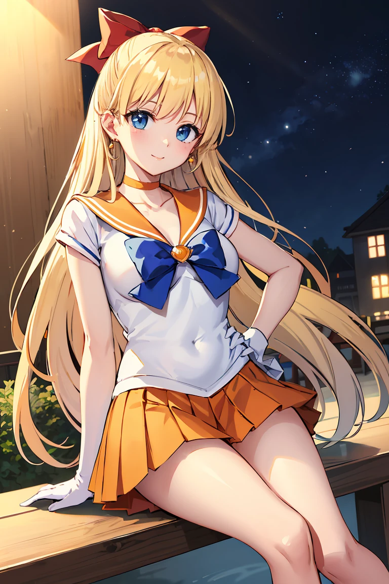 masterpiece, Highest quality, High resolution, Venus 1, One girl, alone, Sailor Warrior Uniforms, Sailor Venus, aino minako, Blonde, Magical girl, blue eyes, Orange Skirt, Elbow hand pockets, tiara, Pleated skirt, Hair Ribbon, Orange sailor collar, mini skirt, choker, Red Bow, orange choker, White gloves, Very long hair, jewelry, Earrings, Sitting, Crossing your legs,Background is a park at night,smile