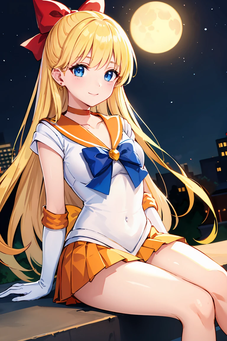 masterpiece, Highest quality, High resolution, Venus 1, One girl, alone, Sailor Warrior Uniforms, Sailor Venus, aino minako, Blonde, Magical girl, blue eyes, Orange Skirt, Elbow hand pockets, tiara, Pleated skirt, Hair Ribbon, Orange sailor collar, mini skirt, choker, Red Bow, orange choker, White gloves, Very long hair,  jewelry,  Earrings, Sitting, Crossing your legs,Background is a park at night,smile