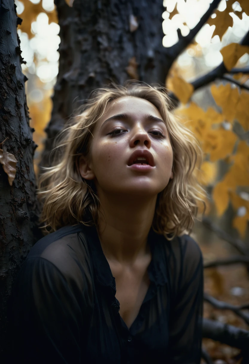 picture taken with ((camera obscura:1.2, pinhole camera)) a woman, yawn stretching, closeup, intricate details, hyperdetailed, cinematic, dark shot, muted colors, film grainy, soothing tones, (contrast:0.6), extremely detailed, colorful, haunting a mysterious lady, from behind, curl up, embryo position, dark skin, mixed cultures, dewy eyed, her, artistic stunning, attractive danger, she looks to us, see into your soul, good luck, high, stylized dark clothing layers, dark nature, raven, mourning doves, bugs obscura, high quality,masterpiece,extremely detailed,high res,4k,ultra high res,detailed shadow,ultra realistic,realistic,dramatic lighting,1girl,solo,detailed face,realistic eyes,realistic skin,honey gold hair, dress, messy hair, Woman autumn woods, tree bark enclosed, PINHOLE camera dark contrast , in aspens, inside tree house, intwined, sleeping on, straddle hips, relaxed, morning dew, leaves, seasons, stunning, lovely, microdetailed, skin,