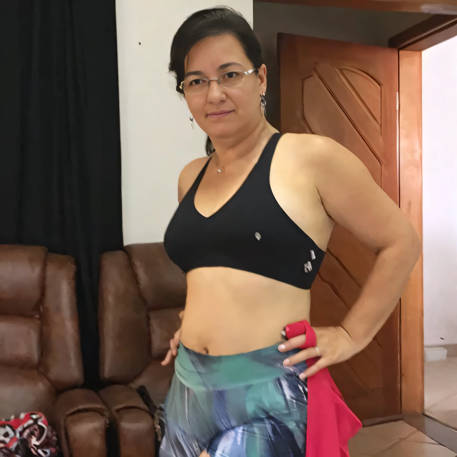 there is a woman in a sports bra top and a skirt, 40 year brazilian mother, she is about 40 years old, she is about 40 years old, she is about 40 years old, she is about 40 years old, (38 years old), the extremely hot and sexy, she is about 40 years old, 45 yo