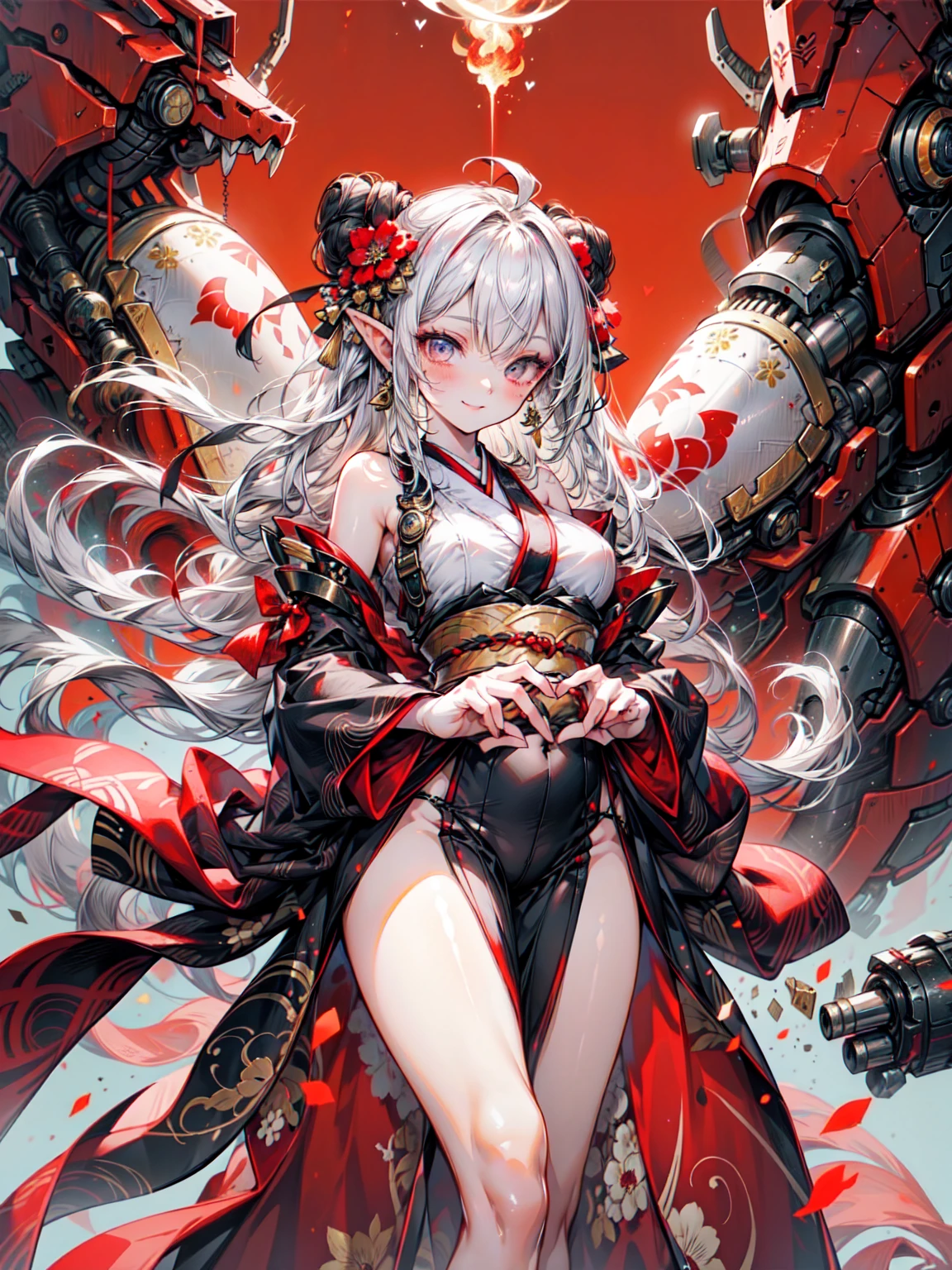 ((Mate Piece)), (girl: 1.2), (Big Breasts), (Black Hair, Shortcuts: 1.3),  Plump and glossy lips, Beautiful and clear eyes, (Best (smile), (Perfect hands: 1.2), (Red Theme: 1.4), (With the courtesan: 1.3), (Maxi length black kimono [With gold]) heart: 1.4), (Delicate gold embroidery) Fancy patterns: 1.3), (Off the shoulder: 1.4), (geta: 1.2), (Fancy hair accessories: 1.3), (Huge bow on the front: 1.2), Waist: 1.3), Low angle shot, (Enchanting Light ), moonlight: 1.4), ((Bold thigh slit)), Fire Swirls and Filigree, Rainbow bubbles, Amazing shine, Magical holographic glow, ((Flame effect:1.3)), Must have, Highest quality, 超detailed, masterpiece, Organic Armor Cyborg、Machine Armor、Armor Texture、Blake、非常にdetailed (Dark Elf), (1 girl), alone, Perfect Face, detailed, Ahoge, ((Long Hair:1.2)), (Hair above one eye:1.3), [[Messy Hair]], Shiny blonde white hair, Purple eyes, Variegated eyes, Colorful Hair, Shining Eyes, Bright Eyes, Face imprint, (eyelash, eye shadow, pink eye shadow), smile, Design Art：Haruhiko Mikimoto, by Kawashi, By Yoshitaka Amano