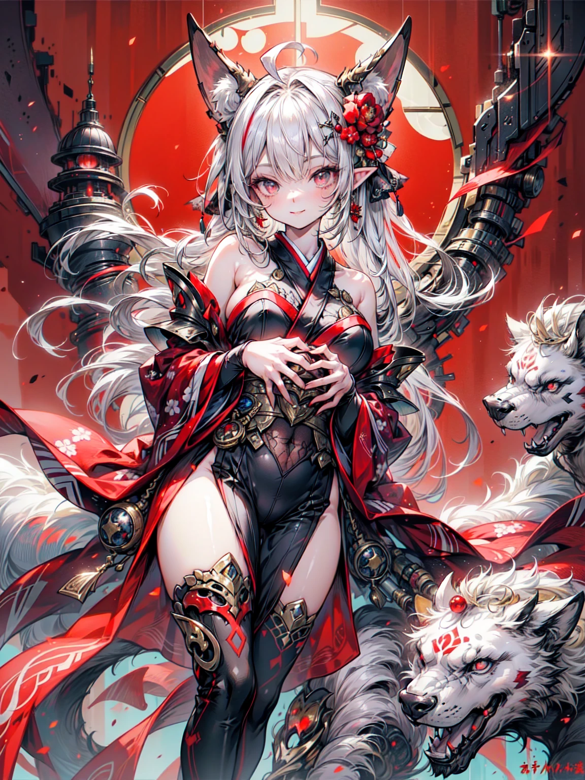 masterpiece、 (girl: 1.2), (Big Breasts), (Black Hair, Shortcuts: 1.3),  Plump and glossy lips, Beautiful and clear eyes, (Highest (smile), (Perfect hands: 1.2), (Red Theme: 1.4), (with a prostitute: 1.3), (Maxi length black kimono [With gold]) heart: 1.4), (Delicate gold embroidery) Fancy patterns: 1.3), (Off the shoulder: 1.4), (ability: 1.2), (Fancy hair accessories: 1.3), (Large bow on the front: 1.2), Waist: 1.3), Low angle shot, (Enchanting Light ), moonlight: 1.4), ((Bold thigh slit)), Fire Swirls and Filigree, Rainbow bubbles, Amazing shine, Magical holographic glow, ((Flame effect:1.3)), Must have, Highest品質, 超detailed, masterpiece, Organic Armor Cyborg、Machinery Armor、Armor Texture、Blake、非常にdetailed (Dark Elf), (1 girl), alone, Perfect Face, detailed, Ahoge, ((Long Hair:1.2)), (Hair above one eye:1.3), [[Messy Hair]], Shiny blonde white hair, Purple eyes, Variegated eyes, Colorful Hair, Shining Eyes, Bright Eyes, Face imprint, (eyelash, eye shadow, pink eye shadow), smile, Design Art：haruhiko mikimoto, by Kawashi, By Yoshitaka Amano