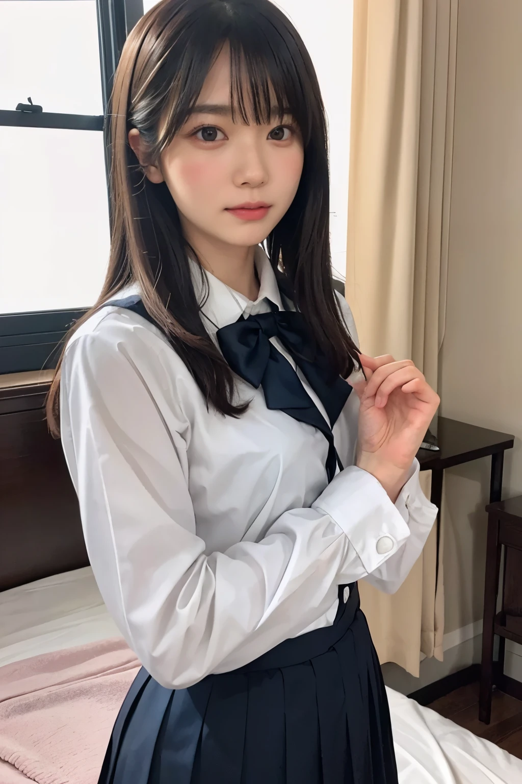 (Highest quality:1.3)、(Masterpiece:1.4)、Raw photo、8K、(Highest Resolution)、(Highest quality)、high resolution、Beautiful face in every detail、Realistic human skin、long hair、(Straight Hair)、(Beautiful woman:1.4)、(the most beautiful woman in school:1.3)、Realistic、(One Woman:1.4)、((a face close-up))、((I want to kiss))、((I want you to kiss me))、(kiss face:1.3)、(Embarrassed look:1.3)、Photorealistic、With bangs、((Beautiful Hair))、(Small face)、cute、((Her eyes are big))、(High school girls)、JK Uniform、(Schoolgirl Uniform)、White shirt、Navy blue bow tie、[JK Ribbon]、Dark blue pleated skirt、(Blushing:1.5)、((She's in love))、(looking at the camera)、(bed)、(Bedroom)、window、((sexual excitement))、((sexual feelings))、(I want to be your girlfriend)、She's nervous in love、((Feeling of love))、((She is excited because the man she likes is nearby.))