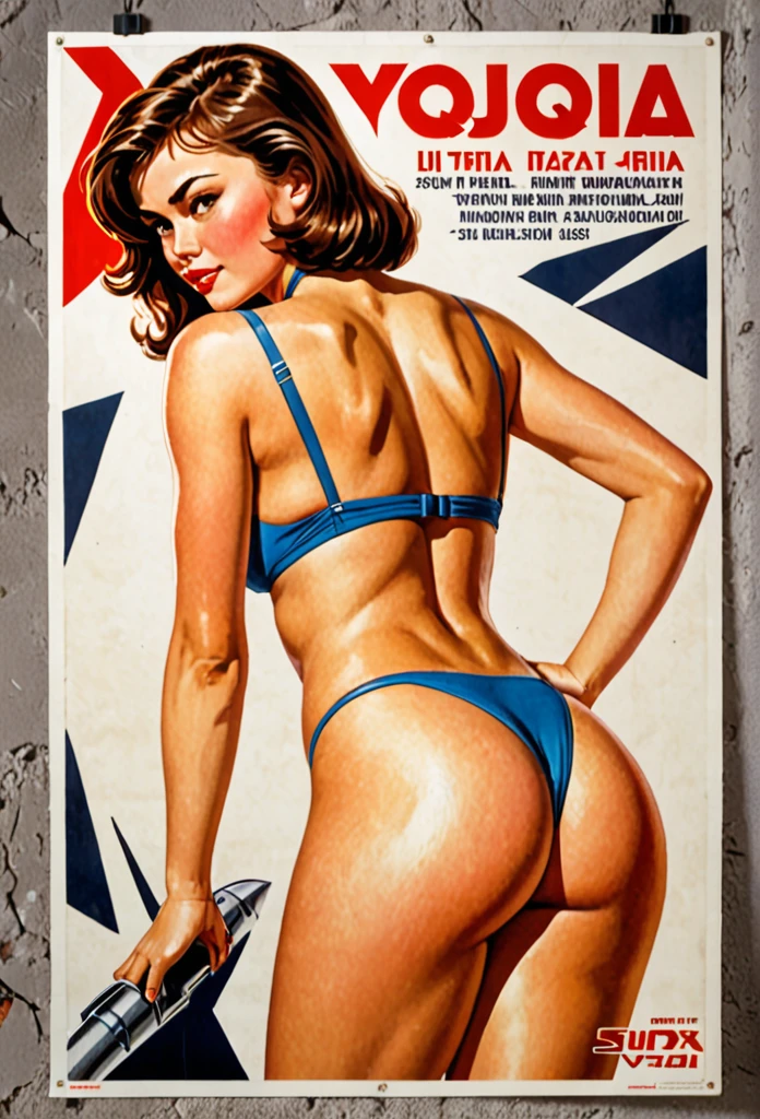 Soviet girl on propaganda poster. Showing cutting-edge 1990-s bikini. Brown hair. Firm tits and ass. Turned showing her ass. Bending over.