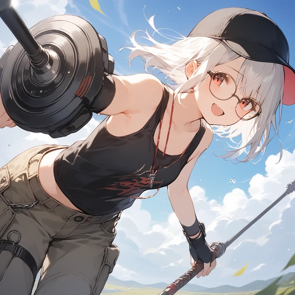 score_9, score_8_up, score_7_up, source_anime, best quality, masterpiece, official art, absurdres, highres, ultra-detailed,waifu2x,Collection: Slice of Life,break,1girl, fantasy world, short hair, glasses, small breasts, cap, tank top, cargo pants, sweat, open mouth,smile, weapon, outdoors, wind, break,(clear line illustration:1.2),very high resolution, very aesthetic, super detailed skin, Best sexual lighting powered by famous artist, 8k,cute picture,beauty illustration,photoshop_(medium),,(Detailed Lighting),best anime 8k konachan wallpaper, pixiv contest winner, 