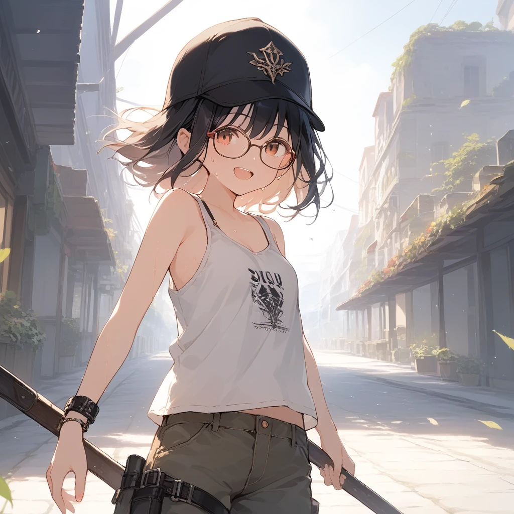 score_9, score_8_up, score_7_up, source_anime, best quality, masterpiece, official art, absurdres, highres, ultra-detailed,waifu2x,Collection: Slice of Life,break,1girl, fantasy world, short hair, glasses, small , cap, tank top, cargo pants, sweat, open mouth,smile, weapon, outdoors, wind, break,(clear line illustration:1.2),very high resolution, very aesthetic, super detailed skin, Best sexual ng powered by famous artist, 8k,cute picture,beauty illustration,photoshop_(medium),,(Detailed Lighting),best anime 8k konachan wallpaper, pixiv contest winner,