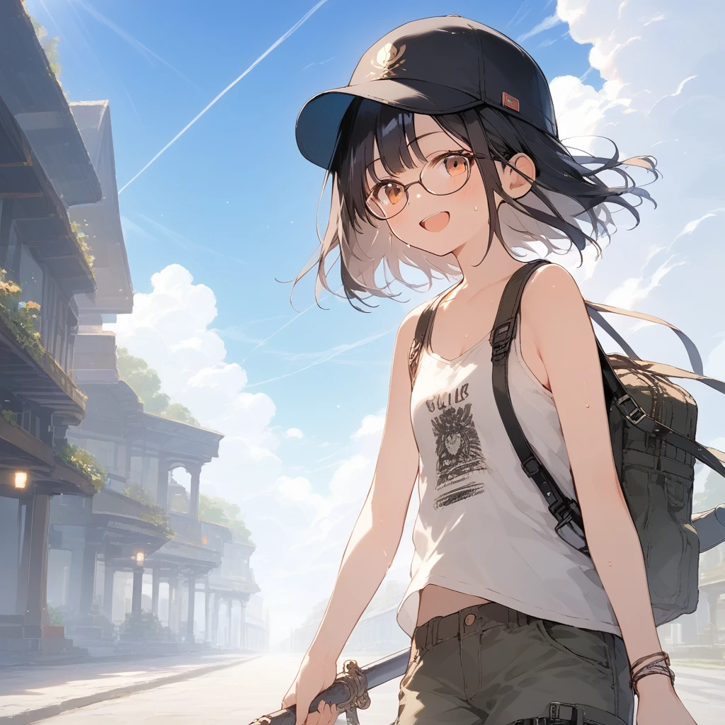score_9, score_8_up, score_7_up, source_anime, best quality, masterpiece, official art, absurdres, highres, ultra-detailed,waifu2x,Collection: Slice of Life,break,1girl, fantasy world, short hair, glasses, small breasts, cap, tank top, cargo pants, sweat, open mouth,smile, weapon, outdoors, wind, break,(clear line illustration:1.2),very high resolution, very aesthetic, super detailed skin, Best sexual lighting powered by famous artist, 8k,cute picture,beauty illustration,photoshop_(medium),,(Detailed Lighting),best anime 8k konachan wallpaper, pixiv contest winner, 