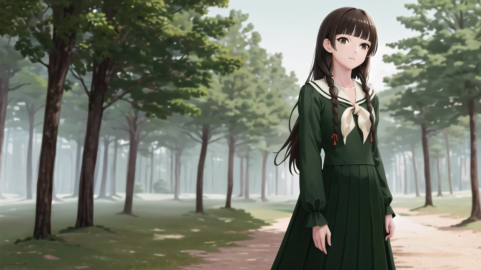 masterpiece, Highest quality, High resolution, aayoshino, , thin, Long Hair, Twin Blade, Brown eyes, Hair that falls over the shoulders, , Sailor collar, neckerchief, Green Shirt, One piece sailor shirt, Long sleeve, Green Skirt, Long skirt, Are standing, Cowboy Shot, Outdoor, Person on the right, Shining Face, Slender