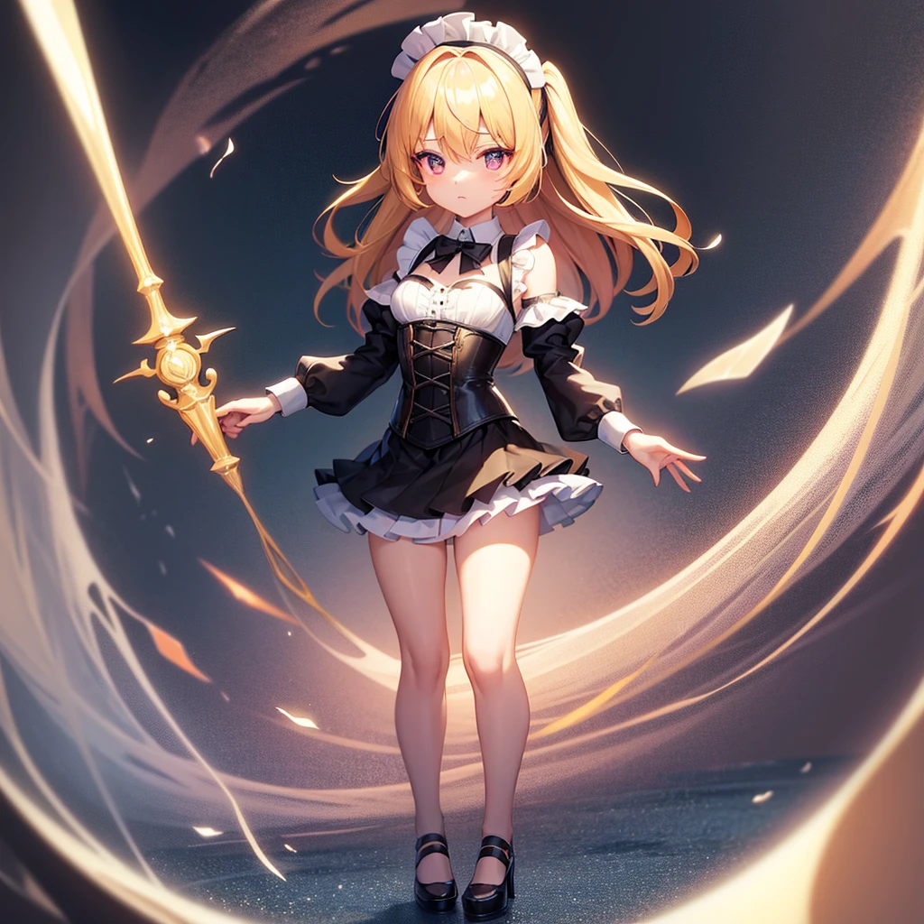 ((Maid)),corset,Shoulder out,Cute little ,Tiny ,Small girl,,Childish face, Very fine clean face,Top quality, Big eyes,Straight Hair,Yellow hair,Crimson Eye,(Dark Room), Subtle light, Natural breeze,Soft lighting,Light from directly behind, (Are standing), Cute pose, (Open your hands), Showing the whole body,Front view,Black background