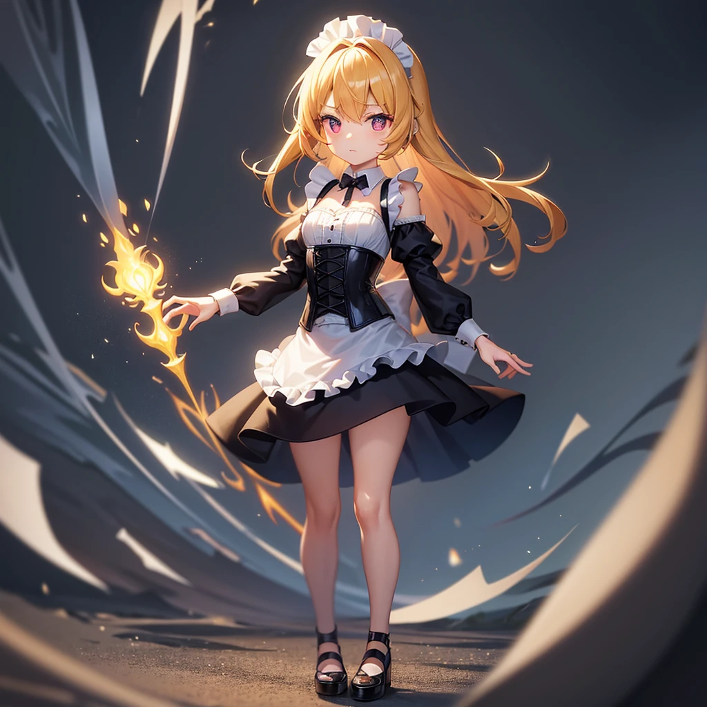 ((Maid)),corset,Shoulder out,Cute little ,Tiny ,Small girl,,Childish face, Very fine clean face,Top quality, Big eyes,Straight Hair,Yellow hair,Crimson Eye,(Dark Room), Subtle light, Natural breeze,Soft lighting,Light from directly behind, (Are standing), Cute pose, (Open your hands), Showing the whole body,Front view,Black background