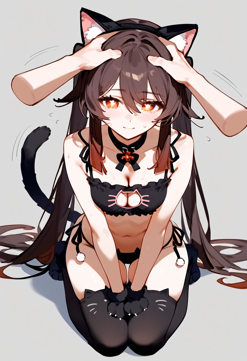 anime artwork, score_9, score_8_up, score_7_up, score_6_up, score_5_up, score_4_up, hu tao, she is 24 years old, style_3, gray background, , , , , _, fake cat ears,, smile, solo, cat lingerie, paw gloves,one disembodied hand on her head, headpat , nervous sweating , motion lines, on knees, cat tail, cat stockings