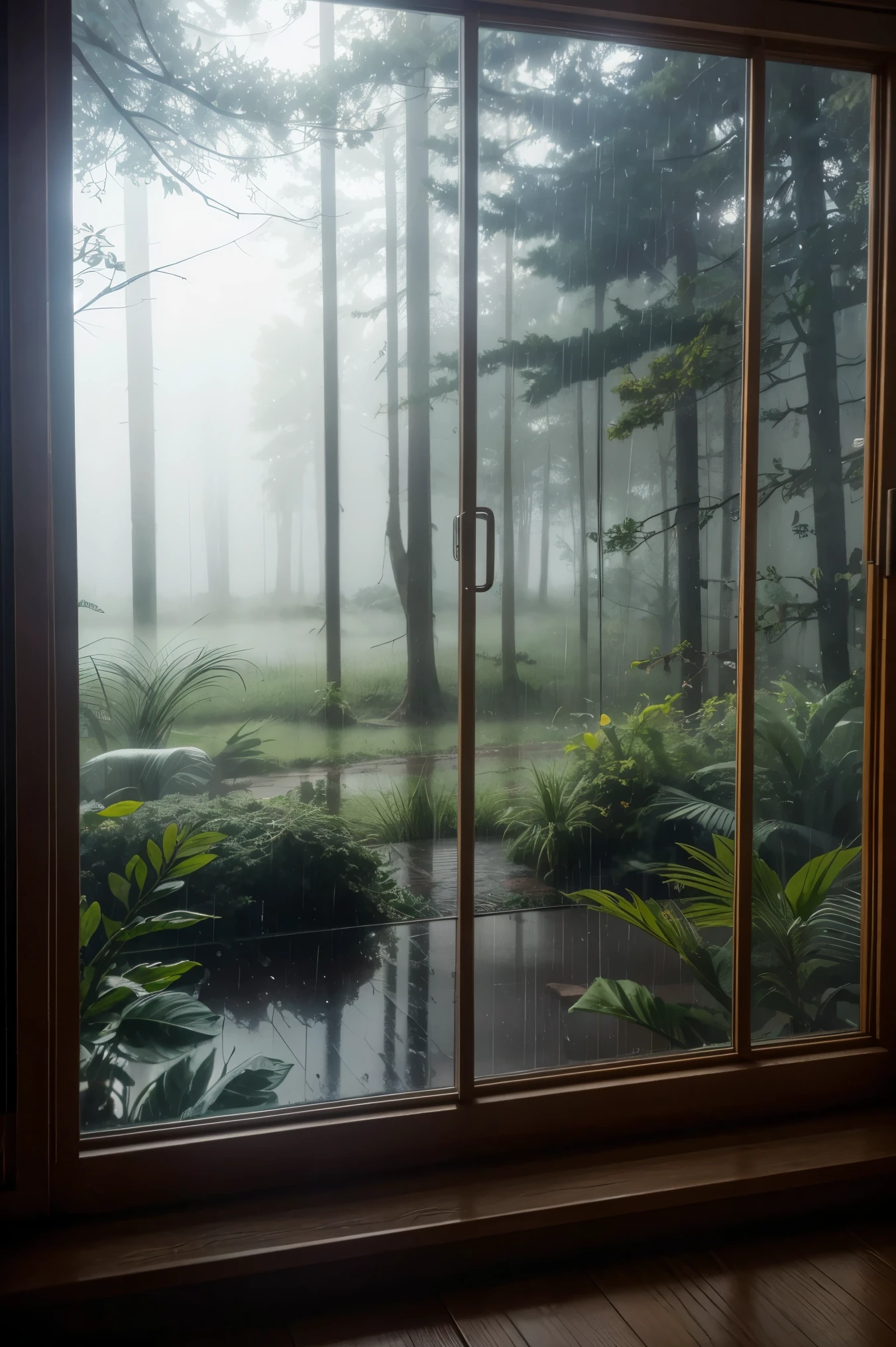 View through the glass window inside a beautiful room, and rain outside, in forest,relaxing